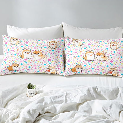 Kawaii Dogs Bedding Set Colorful Polka Dots Duvet Cover Set Cartoon Puppies Comforter Cover Set Cute Pet Theme Bedspread Cover Bedroom Quilt Cover 3Pcs King with 2 Pillowcase,No Comforter