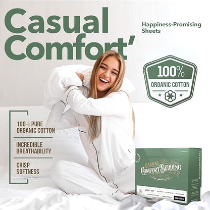 TEXAS LINEN CO. 100% Organic Cotton Printed Sheets California King Size - 4 PC Organic Cotton Cal King Percale Weave Sheet Set, Soft, Cooling & Crisp, 16" Deep Pocket - Pinstripe - Light Grey