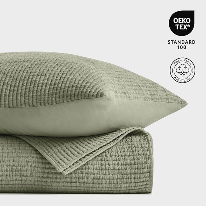 EVERGRACEHOME Cotton Coverlet Set Full Queen Size 3 Pieces, Lightweight Soft Ribbed Matelassé Bedspread Quilt Set, Oversized Quilted Bedding Set with 2 Pillow Shams for All Seasons, Light Sage Green