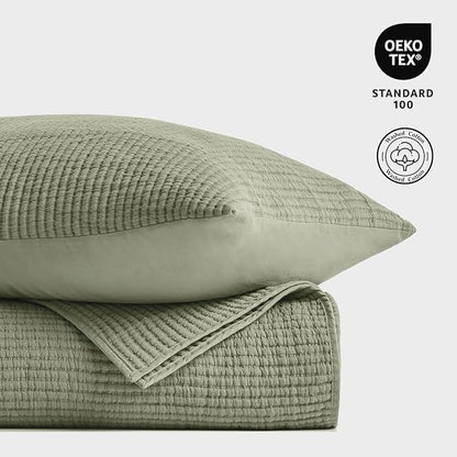 EVERGRACEHOME Cotton Coverlet Set King Size 3 Pieces, Lightweight Soft Ribbed Matelassé Bedspread Quilt Set, Cozy Oversized Quilted Bedding Set with 2 Pillow Shams for All Seasons, Light Sage Green