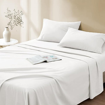 Comfort Spaces 100% Cotton Sheet Set Breathable, Lightweight, Soft with 12" Elastic Pocket Fits up to 14" Mattress, All Season Cozy Bedding, Matching Pillow Case, Twin XL White 3 Piece