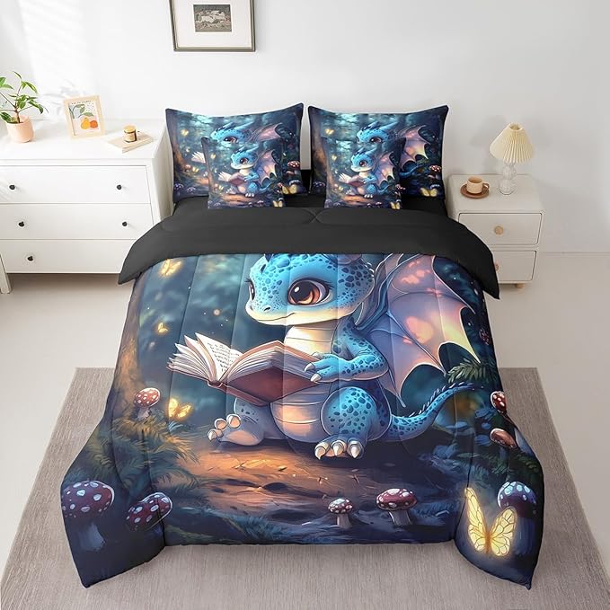 3D Cartoon Dragon Comforter Set 7 Pieces King Size,Western Fairy Tale Bedding Set for Kids,Sparkling Pink Butterfly (Comforter+Fitted+Flat Sheet+2 Pillowcases+2 Throw Pillow Covers)