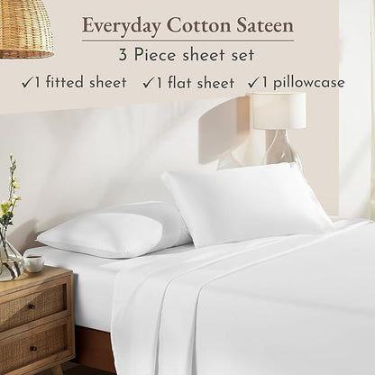 California Design Den Twin Sheets Set - Natural 100% Cotton Sheets with 12" Pockets, Soft Sateen Weave, Breathable and Durable Bedding Set for Dorm Rooms, College (White)