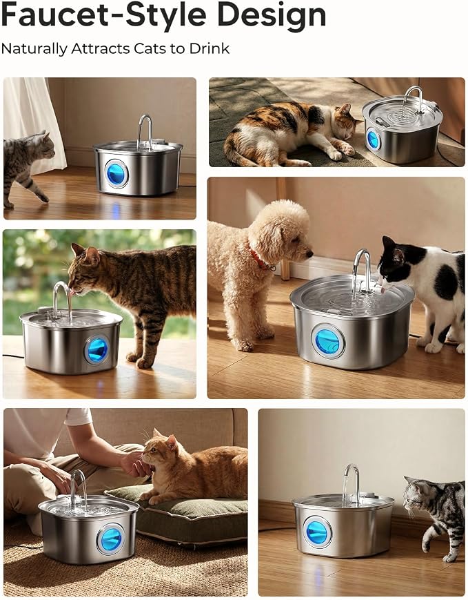 PEKTACO Stainless Steel Cat Water Fountain, 3.2L Drinking Fountain for Pets | Cat water dispenser, dishwasher safe, with triple filtration, quiet pump, and visible water window for cats and small pets