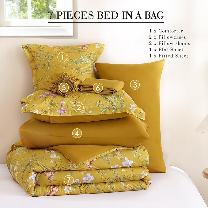 Yiran Queen Comforter Set, 7 Pieces Yellow Floral Soft Bedding Sets, Queen Bed in a Bag with Botanical Flowers All Season Comforter, Sheets, Pillowcases & Shams