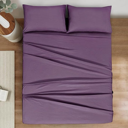 Mejoroom Striped Queen Size Sheet Set - Hotel Luxury 1800 Bedding Sheets & Pillowcases - Deep Pocket Fitted Sheet, Soft, Breathable, Wrinkle & Fade Resistant - 4 Piece (02-Purple)
