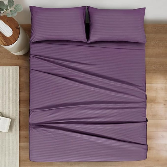 Mejoroom Striped Full Size Sheets – Extra Soft Full Size Bed Sheets - 16inches deep Pocket Full Sheet Set, Breathable, Wrinkle, Fade and Stain Resistant - 4 Piece (02-Purple)