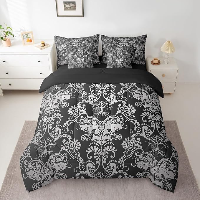 Erosebridal Gothic Damask Bed in a Bag King Size Comforter Set 7 Pieces,Sun Moon Tree of Life Bedding Sets Black White Victorian Floral Goth Sheet Set with Comforter