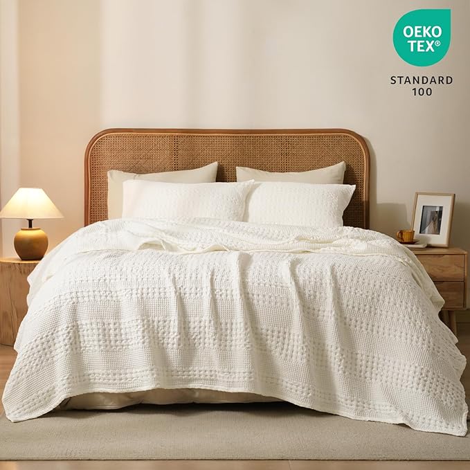 PHF 100% Cotton Waffle Weave Blanket Queen Size for Bed, Soft Lightweight & Breathable for Spring and Summer, All-Season Comfort, Luxury Aesthetic Blanket for Home Decor, 90"x90", Ivory