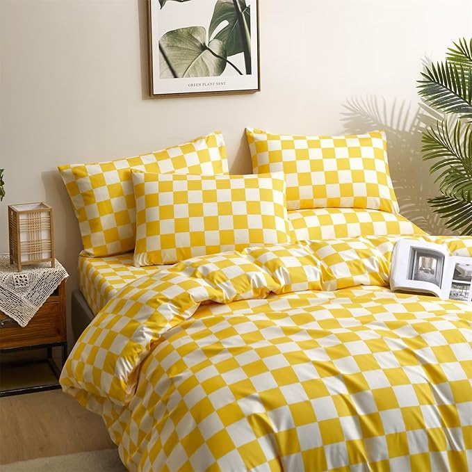 Houseri Plaid Comforter Set - Full Size Yellow Grid Bedding - Teen Girls Preppy Dorm Bedding