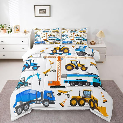 Tractor Comforter Set King Excavator Bedding Set For Boys Kid Construction Trucks Down Comforter Yellow Blue Equipment Truck Machinery Vehicle Bedroom Decor Forklift Bulldozer Crane Duvet Insert