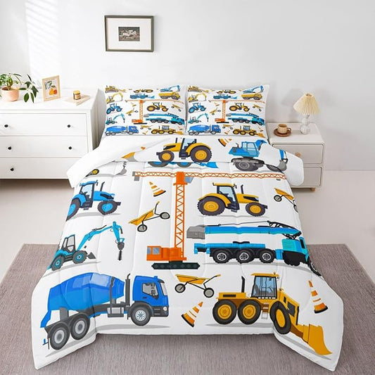 Excavator Comforter Set Queen Tractor Bedding Set For Teens Child Construction Trucks Down Comforter Yellow Blue Machinery Vehicle Equipment Truck Room Decor Forklift Bulldozer Crane Quilted Duvet