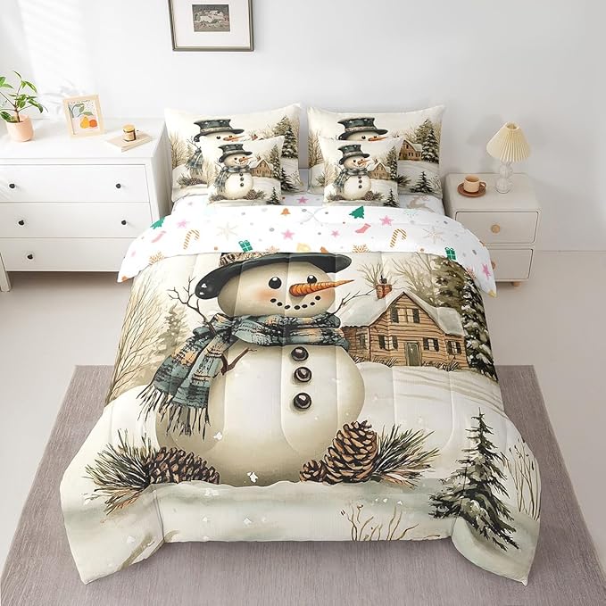 Winter Farmhouse Style Comforter Set Bed in a Bag 7 Pieces Queen,Cartoon 3D Snowman Rustic Pinecone Bedding Set,Merry Christmas (Comforter+Fitted+Flat Sheet+2 Pillowcases+2 Throw Pillow Covers)