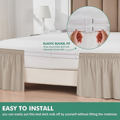 Biscaynebay Wrap Around Bed Skirts with Split Corners for King Beds 18" Drop, Light Camel Adjustable Elastic Dust Ruffles Easy Fit Wrinkle Resistant Silky Luxurious Fabric Machine Washable