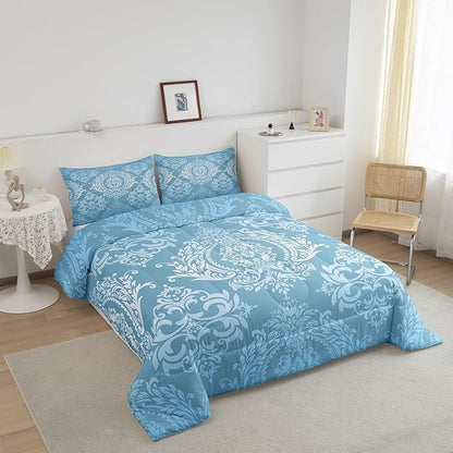 Feelyou Adults Blue Vintage Damask Floral Comforter Set Oriental Antique Comforter Full Size Gothic Bohemia Boho Floral Bedding Set Bohemian Exotic Duvet Set Quilt Set 3Pcs