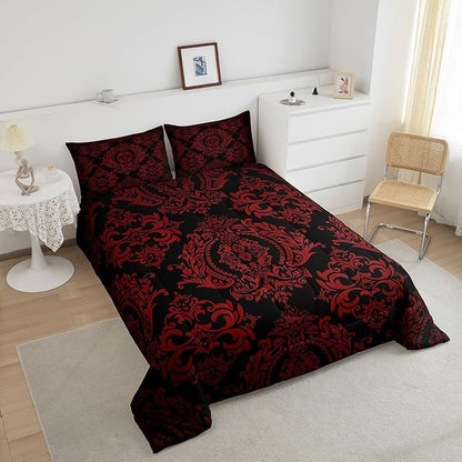 Feelyou Adults Red Vintage Damask Floral Comforter Set Oriental Antique Comforter Full Size Gothic Bohemia Boho Flower Bedding Set Bohemian Exotic Duvet Set Quilt Set 3Pcs