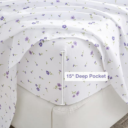 Softan Floral Full Sheet Set Purple Flower Printed Bed Sheets Double, Cozy Microfiber Patterned Fitted Sheets with 15" Deep Pocket & Non-Slip Straps, Cute Purple Sheets and Pillowcase Set