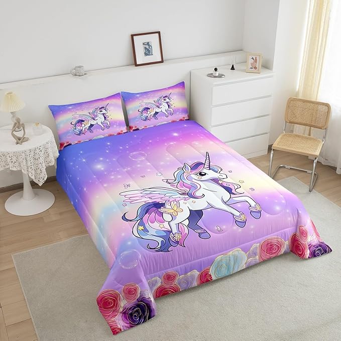 Kids Girls Unicorn Comforter King Size,Pink Purple Rainbow Comforter Set Bedding Set for Kids Adults,Cartoon Unicorn Rose Flowers Duvet Set Ultra Soft Room Decor 3Pcs Quilt Set