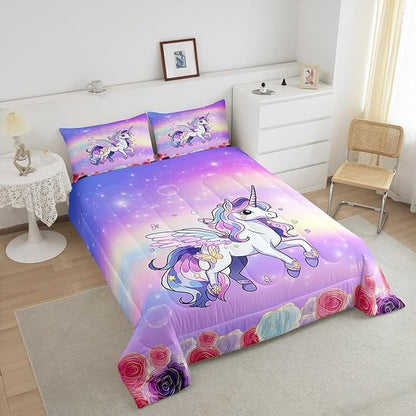 Kids Girls Unicorn Bed Comforters Set Queen Size,Pink Purple Rainbow Super Soft Microfiber Bedding Set for Boys Girls,Cartoon Unicorn Rose Flowers Room Decorative Comforter Set,2 Pillowcase