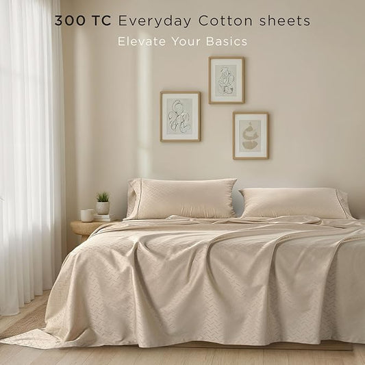 Threadmill Cotton Twin XL Sheet Set | 100% Cotton Sheets for Twin XL Size Bed | Damask Jacquard Sateen Twin XL Bed Sheets Set with 16” Deep Pocket | Soft Breathable 3-Piece Cooling Sheet Set | Beige