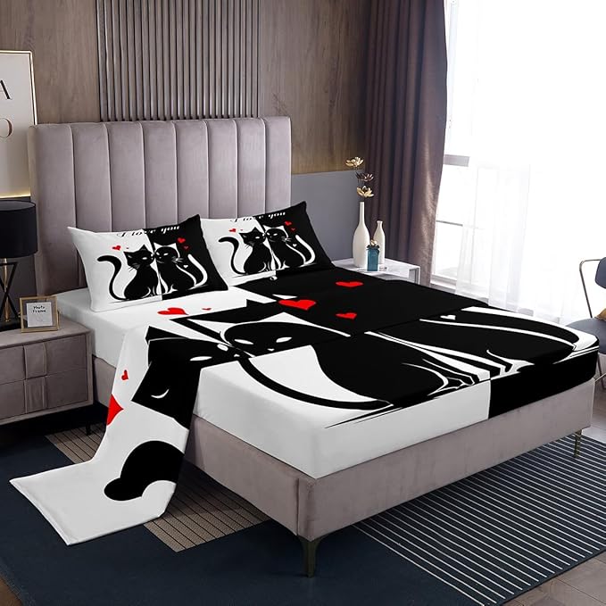 Cats Lovers Sheets Set King,Cute Cat Valentine's Day Decor Bedding Set for Youth Women Bedroom,Black and White Couples Bed Set with Deep Pocket Fitted Sheet with 2 Pillow Case