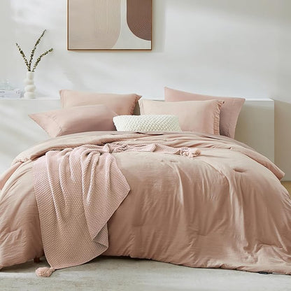 WRENSONGE Full Size Comforter Set- 7 Pieces Clay Pink Bed in a Bag Full Size Comforter with Fitted Sheet, Flat Sheet, 2 Pillow Shams, 2 Pillowcases, Warm Bedding Sets for All Season