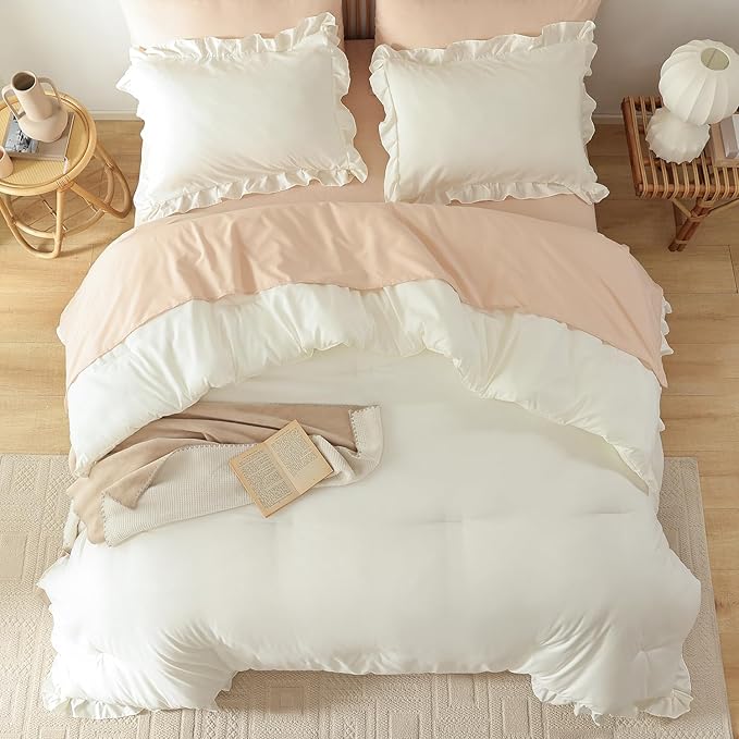 JANZAA Full Comforter Set Creamy White Ruffle Comforter with 2 Pillowcase Soft Full Size Bed Set Vintage Farmhouse Bed Comforter Set Fluffy Shabby Chic Bedding for All Season