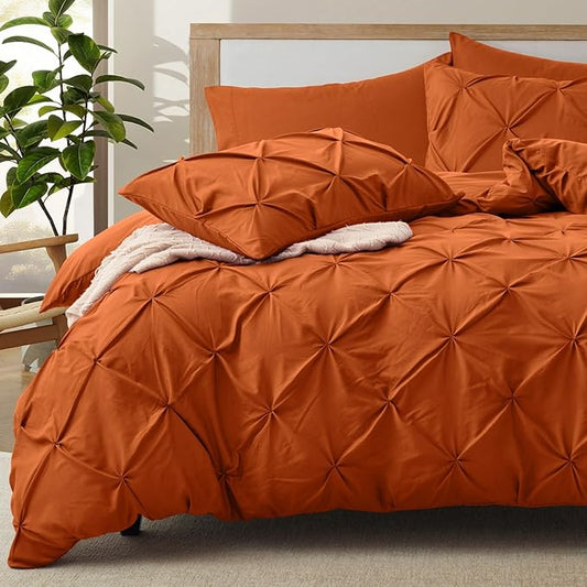 VACVELT 5 Piece Pinch Pleated Duvet Cover California King Size Set, Burnt Orange Pintuck Duvet Cover with Zipper & 8 Ties, Soft Microfiber Duvet Cover + 2 Pillow Shams + 2 Pillowcases, No Comforter