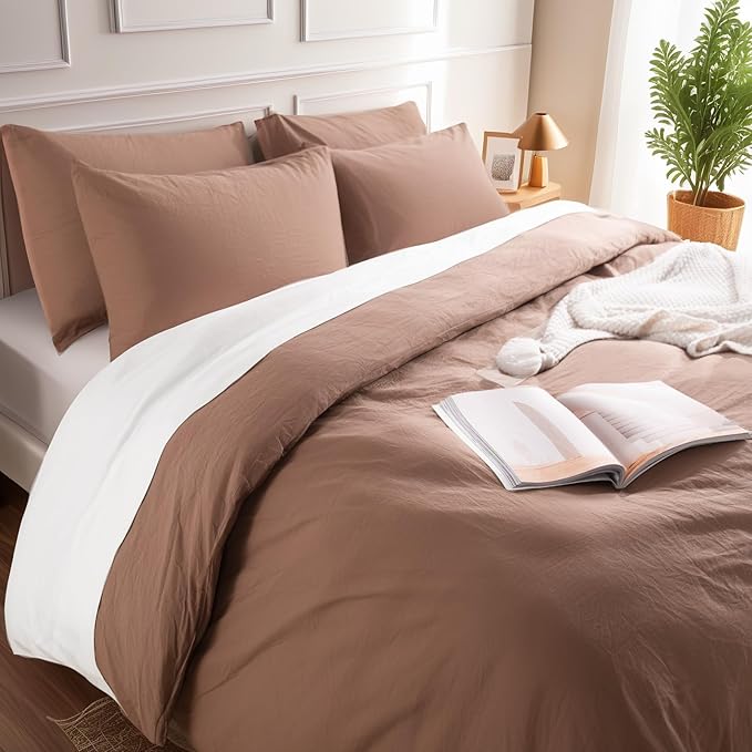 NEXHOME PRO Duvet Cover Set 100% Washed Cotton Full Size Linen Feel Textured Organic Natural 3 Pieces Bedding Set Mocha Brown with Zipper Closure and Corner Ties, Breathable (No Comforter)