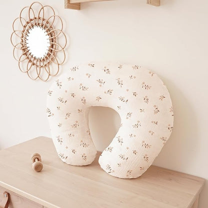 Konssy Muslin Nursing Pillow Covers, Soft and Cute Nursing Covers for Breastfeeding Pillows, Ideal for Newborn Baby Boys and Girls (Brown Leaf, Pink Sun) - 2 Pack