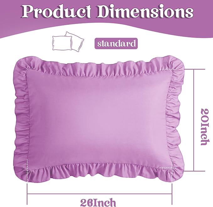 KKJIAF Ruffle Pillow Cases Standard Size Set of 2, Ruffled Pillow Covers with Envelope Closure, Wrinkle Resistant Ruffled Pillow Shams 20" x 26", Lavender