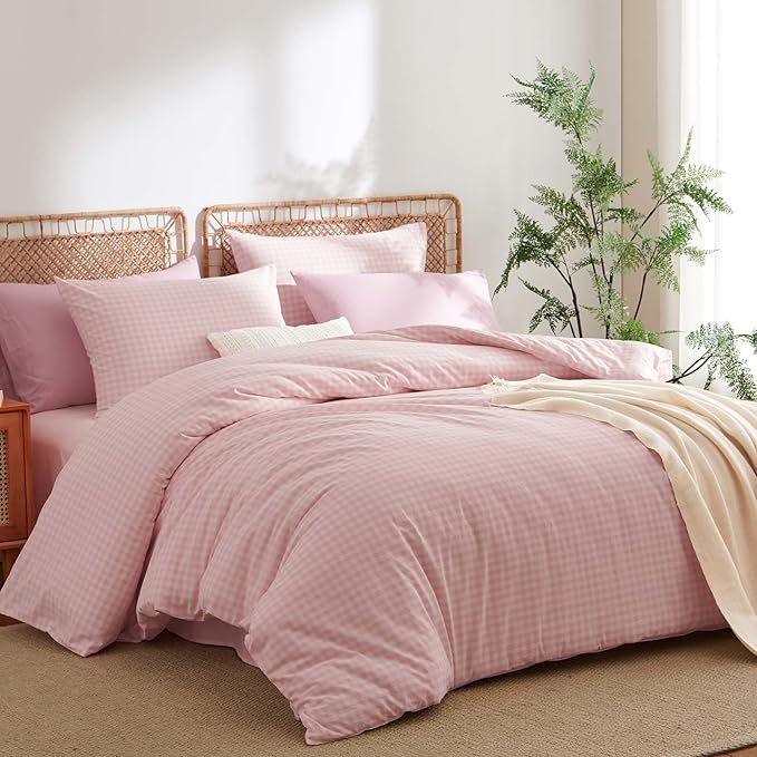 Nayoroom Gingham Duvet Cover Queen Size 100% Washed Cotton Pink Plaid Checkered Comforter Cover 3 Pcs Soft Breathable Grid Farmhouse Dorm Bedding Set for All Seasons