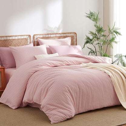 Nayoroom Gingham Duvet Cover Queen Size 100% Washed Cotton Pink Plaid Checkered Comforter Cover 3 Pcs Soft Breathable Grid Farmhouse Dorm Bedding Set for All Seasons