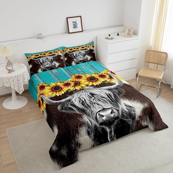 Highland Cow Comforter Set Twin Size (Not Real) Cowhide Print Bedding Sets Sunflower Floral Duvet Insert Cow Fur Print Down Comforter Rustic Blue Wooden Barn Door Quilt Funny Farm Animals Quilt