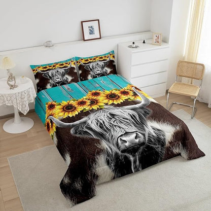 Highland Cow Bedding Sets Full Brown Cow Fur Print Comforter For Kids Boys Girls 3D Sunflowers Quilt Funny Farmhouse Animal Duvet Set Retro Woodren Board Backdrop Down Comforter,Black Brown Blue