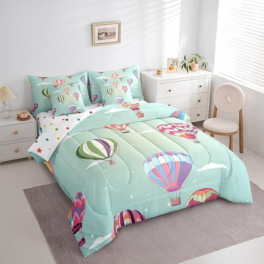 Watercolor Hot Air Balloon Bed in a Bag Comforter Set,Hand Drawn Clouds King Size 7 Pieces for Kids Teens,White Polka Dot Bedding Set with Comforter, Sheet Set, Pillowcases, Pillow Covers
