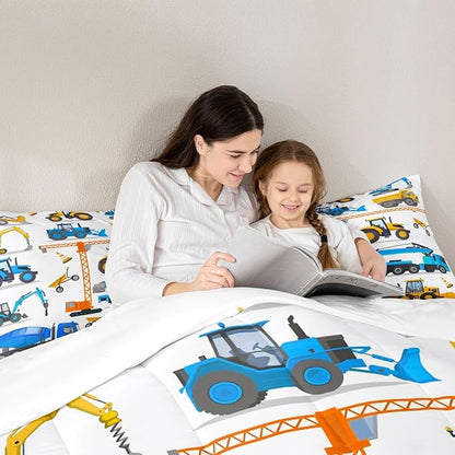Tractor Comforter Set King Excavator Bedding Set For Boys Kid Construction Trucks Down Comforter Yellow Blue Equipment Truck Machinery Vehicle Bedroom Decor Forklift Bulldozer Crane Duvet Insert