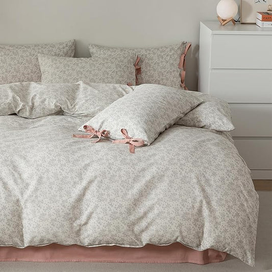 HighBuy Farmhouse Floral Comforter Set King Grey Flowers Comforter Coquette Bedding Comforters Set Fluffy Botanical Bedding French Country Style 1 Floral Comforter,2 Bow Tie Pillowcases