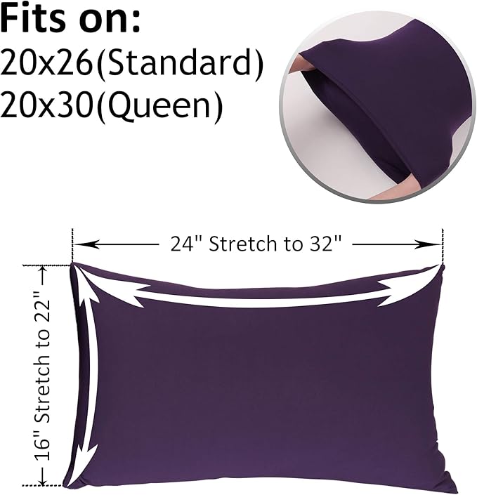 2-Pack Stretch Pillow Cases - Jersey Knit & Ultra Soft Envelope Closure Pillowcases T-Shirt Like Microfiber Blend - Suitable for Queen or Standard Size Set of 2, Purple
