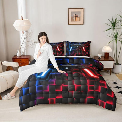 Erosebridal Kids Gaming Comforter Sets Boys King Geometric Gamer Comforter Neon Lights Red Indigo Blue Game Console Teen Boy Bedding Set 3D Ombre Checkered Gamepad Decor Quilt Duvet for Game Room