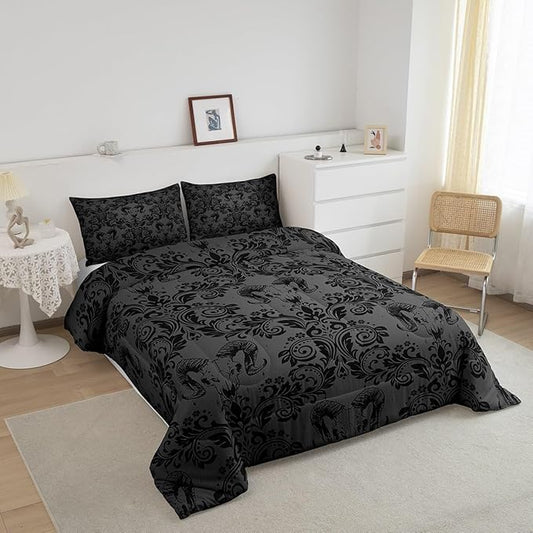 Feelyou Adults Gothic Comforter Set Full Size Dark Olive Green Damask Comforter Goat Head Bohemia Boho Bedding Set Goth Duvet Set Vintage Victorian Baroque Floral Quilt Set 3Pcs
