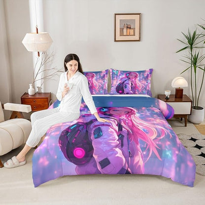 Erosebridal Anime Girl Queen Comforter Set Japanese Style 3D Anime Down Comforter for Kids Girls Boys Room Decor,Sci Fi Style Gaming Bedding Set Hot Pink Colorful Bed Duvet Insert