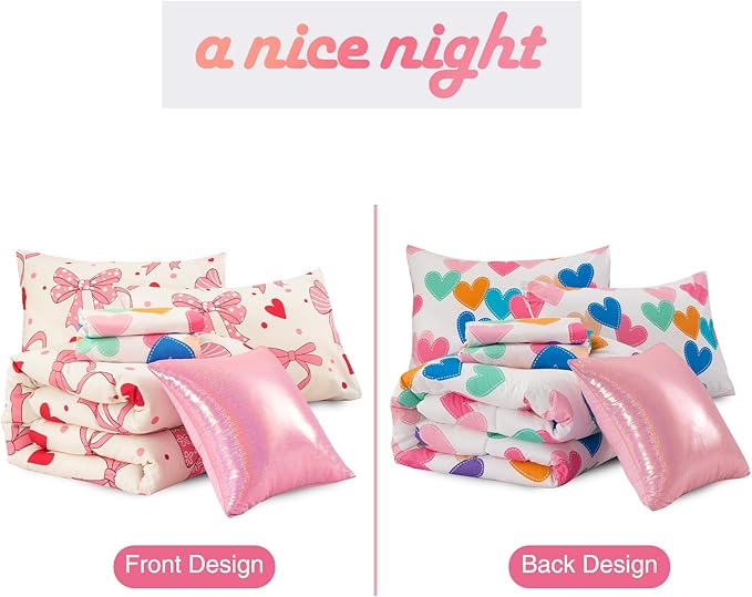 A Nice Night Chic Bowknot Kids Comforter Set for Girls, Twin Size 6 Piece Bed in a Bag Soft Polyester Bedding Set with Love, Bow & Polka Dot Design, Beige