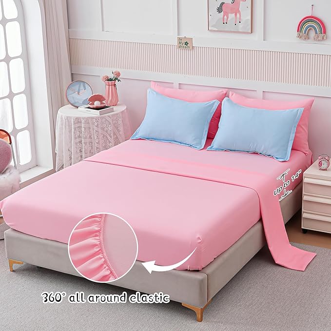 Drucon Comforter Set Twin for Teen Girl & Women, 6 Pieces Bed in A Bag Gradient Pink Green Bedding Set (1 Comforter, 1 Flat Sheet, 1 Fitted Sheet, 1 Pillow sham, 2 Pillowcases)