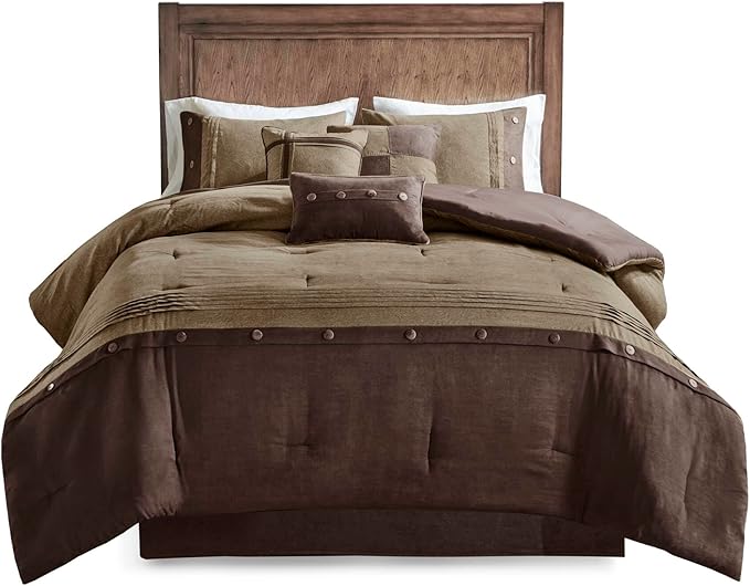 Madison Park Boone Cozy Comforter Set, Faux Suede, Deluxe Hotel Styling All Season Down Alternative Bedding Matching Shams, Decorative Pillow, King (104 in x 92 in), Rustic Brown 7 Piece