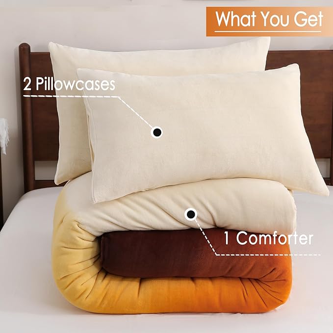 Bedbay Orange Gradient Plush Fleece Comforter Set King Size Ultra Soft Velvety Bedding Thick Warm Cozy Winter Quilt with 2 Pillowcases Luxury Sunset Ombre Fluffy Bed Set for All Seasons