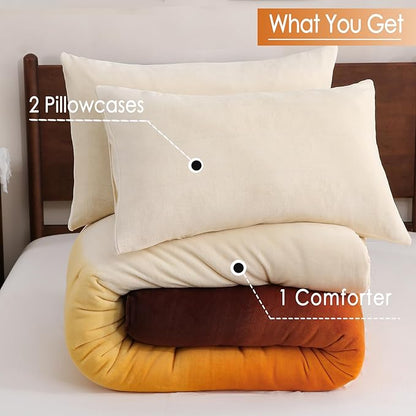 Bedbay Orange Gradient Plush Fleece Comforter Set King Size Ultra Soft Velvety Bedding Thick Warm Cozy Winter Quilt with 2 Pillowcases Luxury Sunset Ombre Fluffy Bed Set for All Seasons