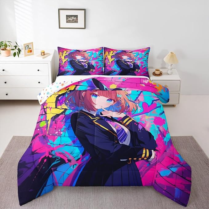 Erosebridal Girls Japanese Anime Comforter Set Full, Kawaii Anime Girl Bedding Set Cartoon Girl Duvet Insert for Kids Teens Adult, Japanese Animation Sci Fi Style Quilt with 2 Pillow Cases