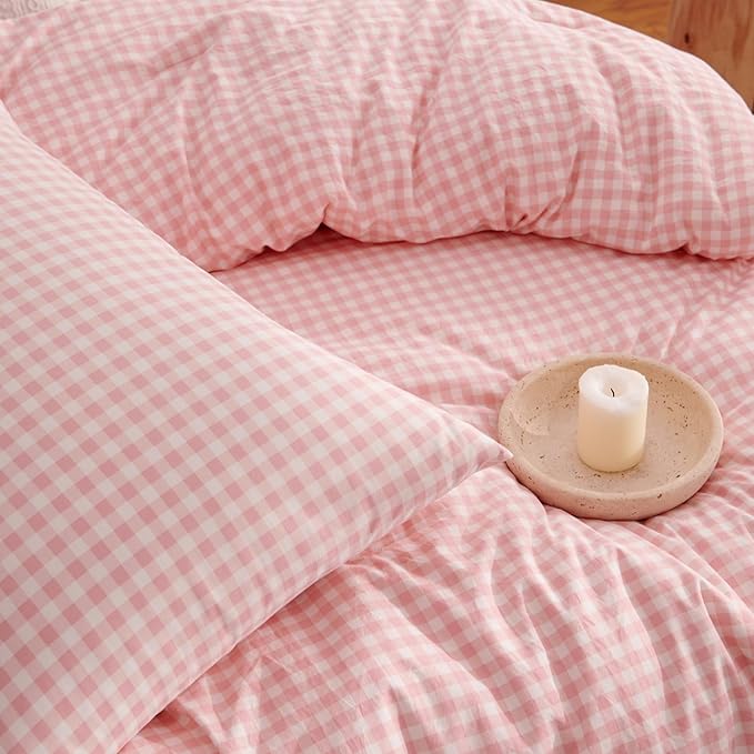 Nayoroom Gingham Comforter Set Full Size Pink Plaid Checkered Dorm Bedding Set Girls 3 Pieces Soft Lightweight Farmhouse Grid Comforter for All Seasons (1 Comforter, 2 Pillowcases)