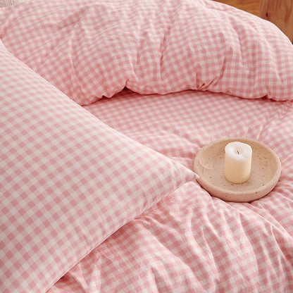 Nayoroom Gingham Comforter Set Queen Size Pink Plaid Checkered Comforter 3 Pieces Soft Lightweight Grid Dorm Bedding Set for All Seasons (1 Comforter, 2 Pillowcases)